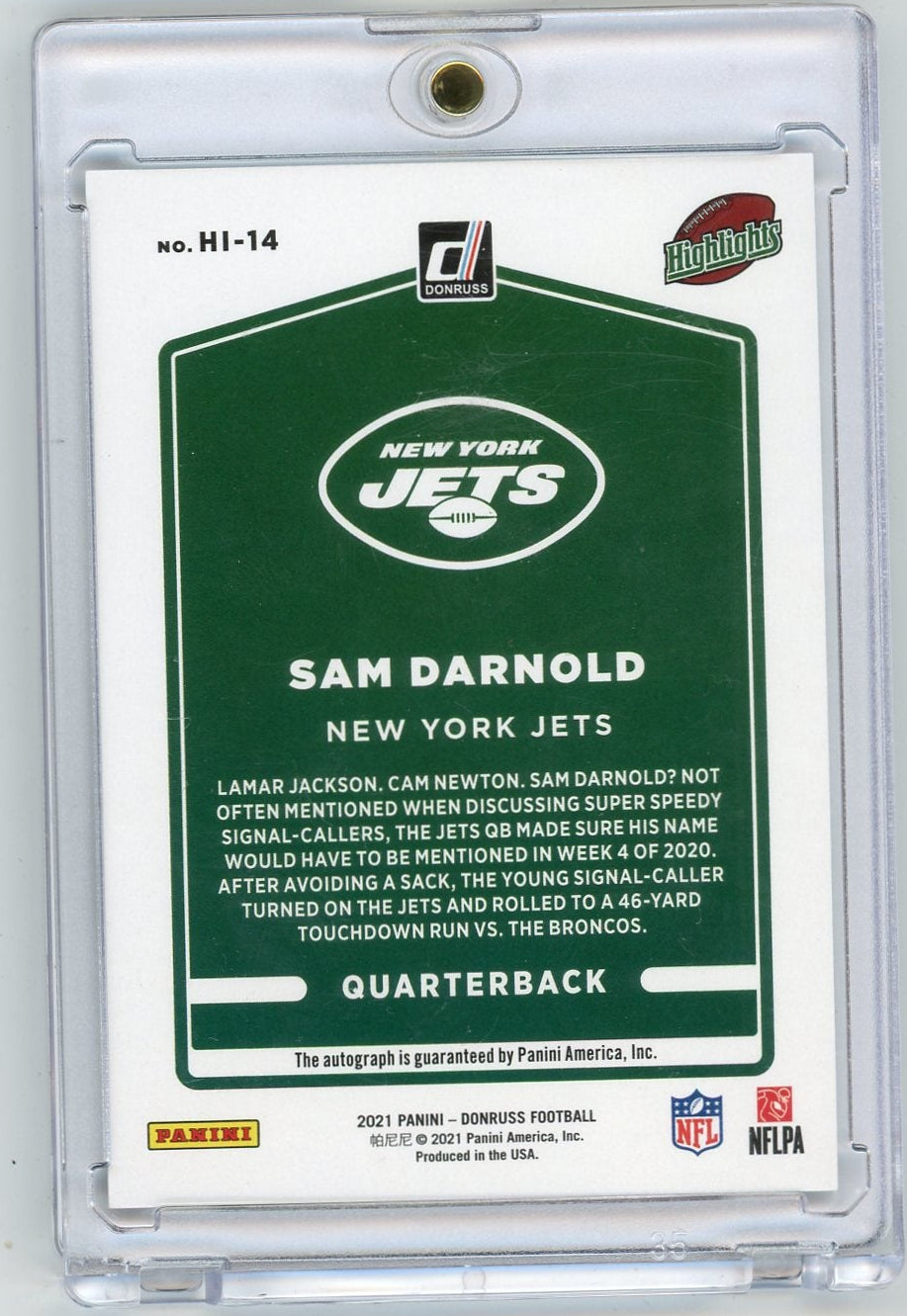 Sam Darnold 2021 Panini Donruss Highlights Auto #'d 39/75