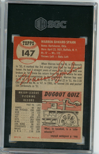 Warren Spahn 1953 Topps SGC Authentic