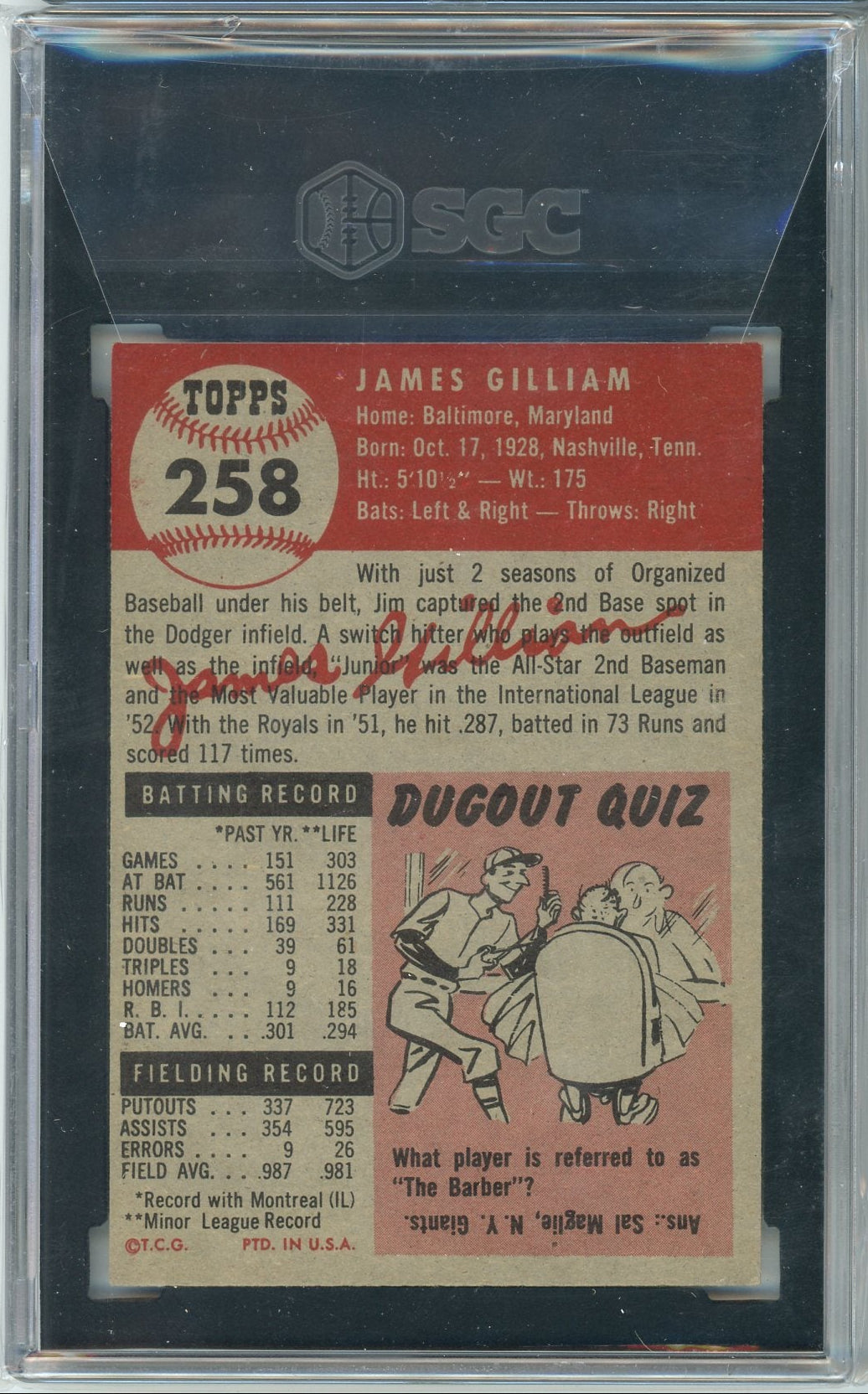 Jim Gilliam 1953 Topps SGC Authentic