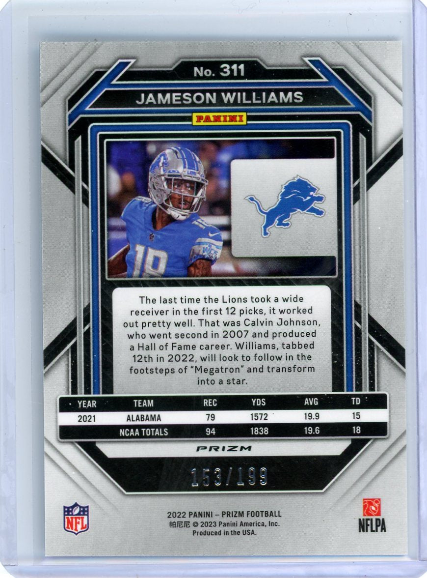 Jameson Williams 2022 Panini Prizm Blue Wave RC #'d 153/199