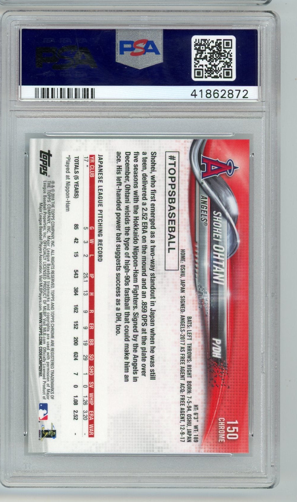 Shohei Ohtani 2018 Topps Chrome #150 RC PSA 10