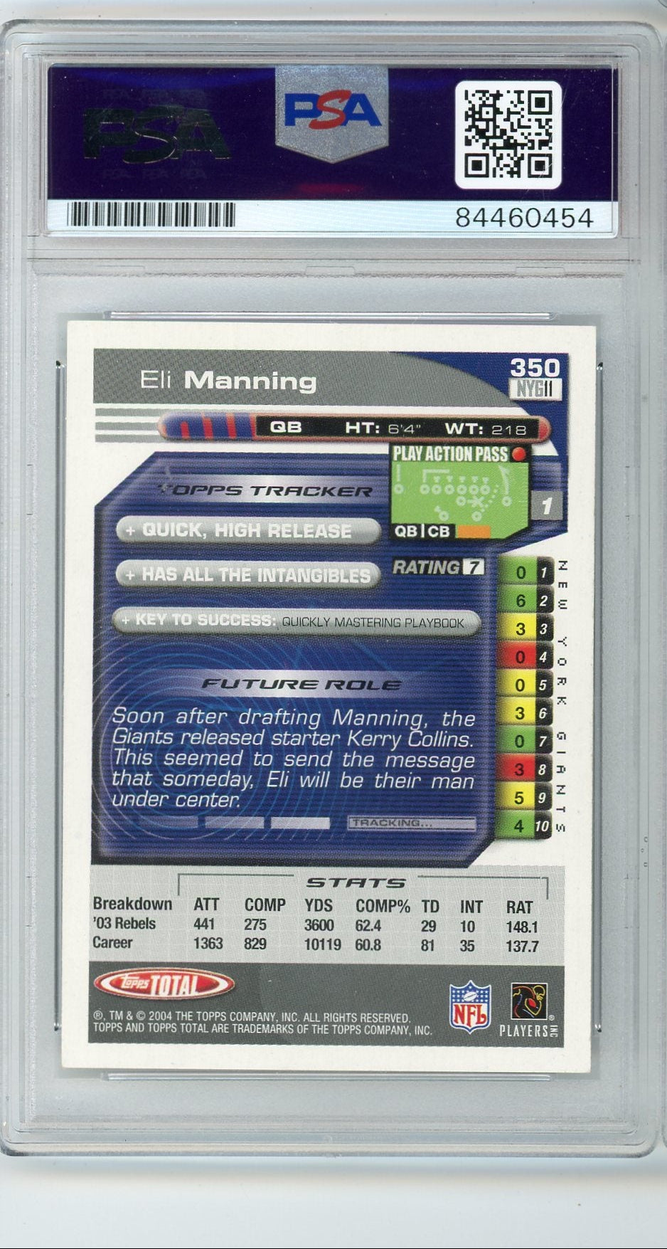 Eli Manning 2004 Topps Total Rookie Card IP autograph PSA 10 AUTO