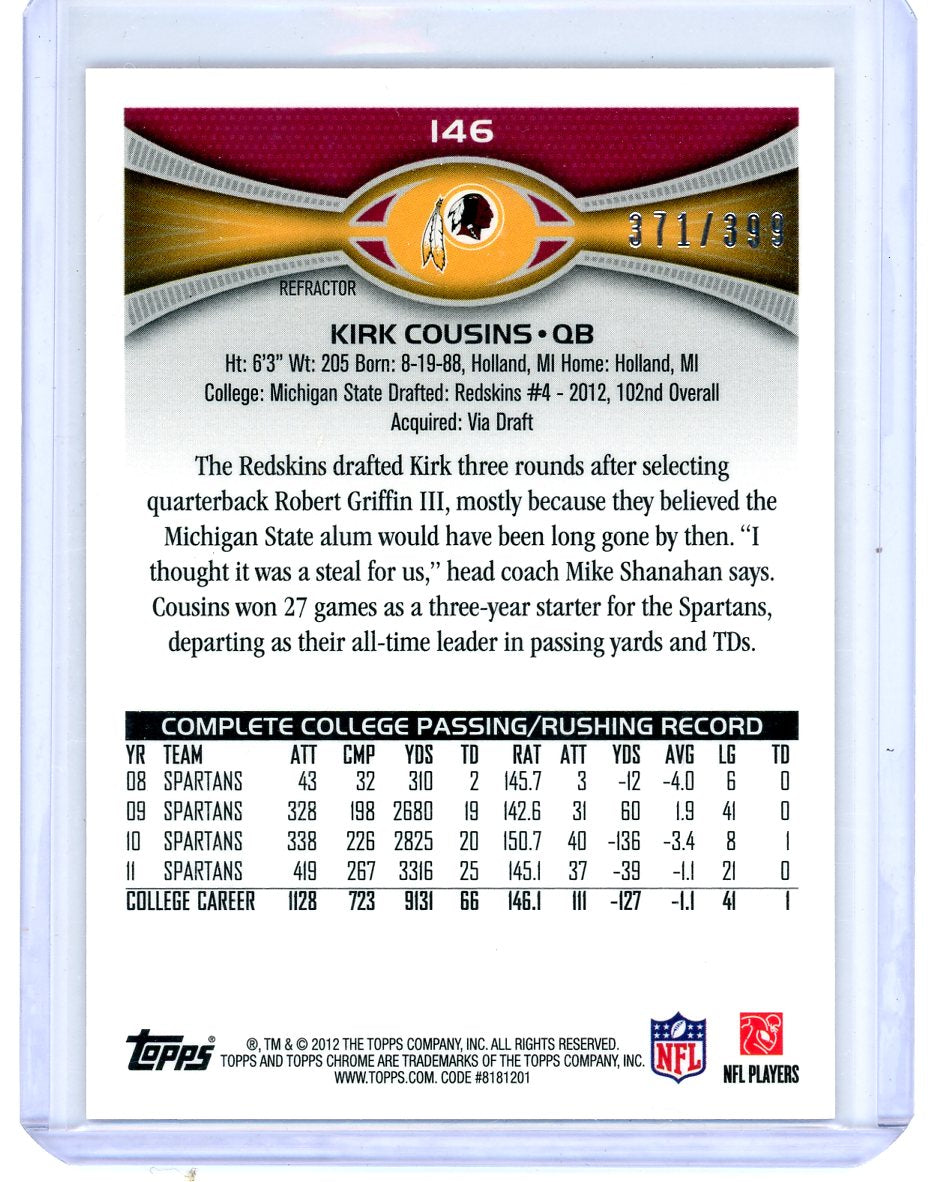 Kirk Cousins 2012 Topps Chrome rookie card pink refractor #'d 371/399