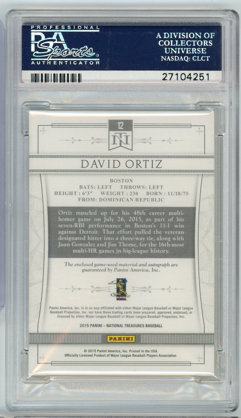 David Ortiz 2015 Panini National Treasures Silhouette autograph relic #'d 25/25 PSA 9