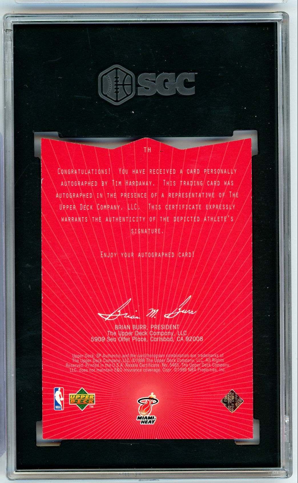 Tim Hardaway 1997-98 Upper Deck SP Authentic Sign of The Times Auto SGC 9