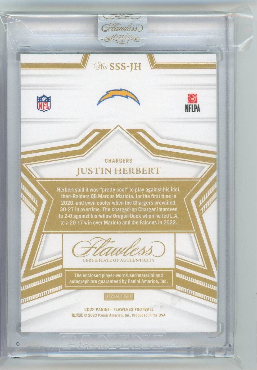 Justin Herbert 2022 Panini Flawless Football Green Star Swatch #'d 1/5
