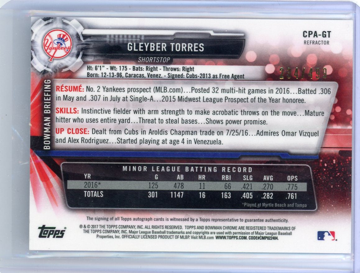 Gleyber Torres 2017 Bowman Chrome autograph refractor #'d 234/499