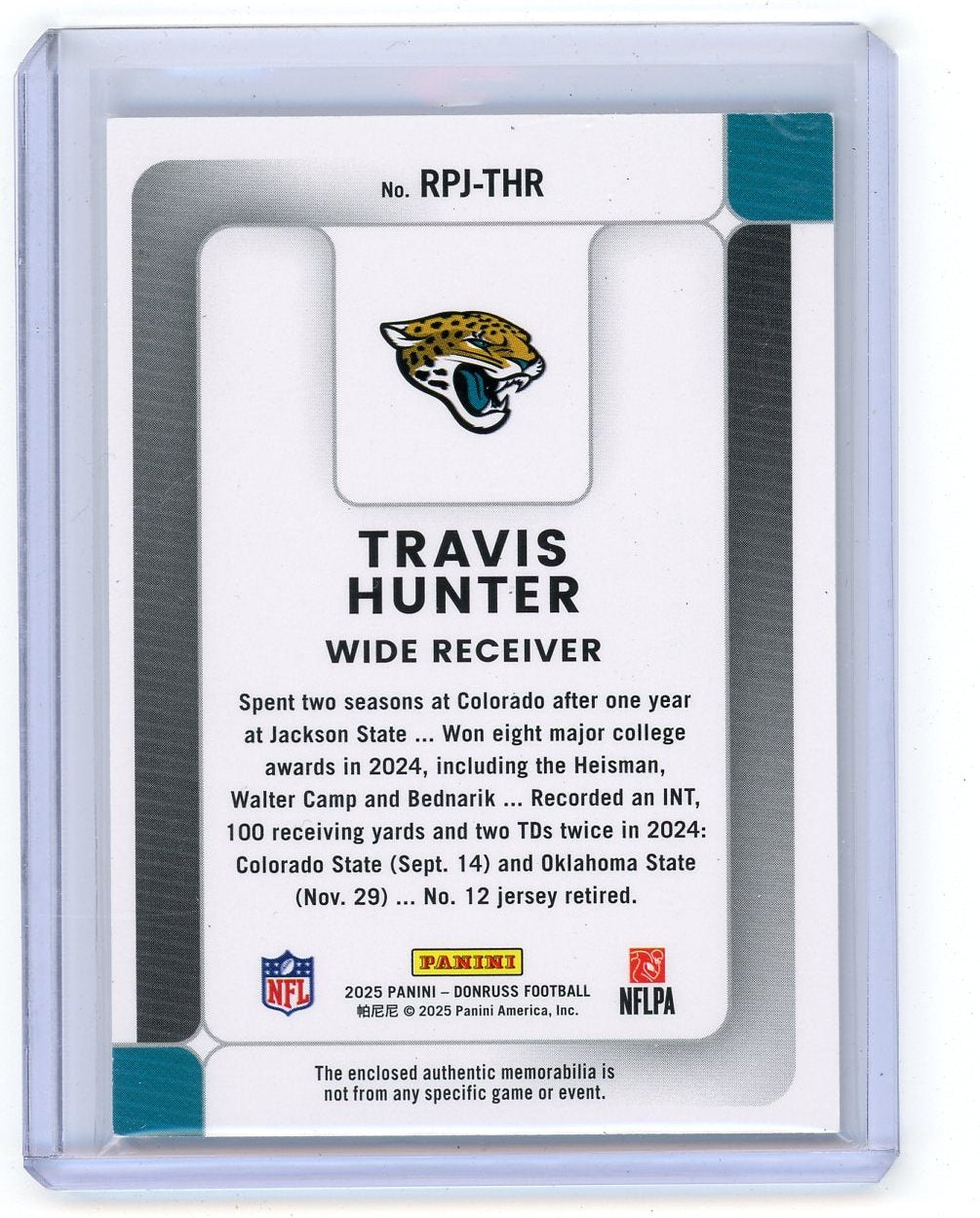 Travis Hunter 2025 Panini Donruss Rookie Phenom Relic