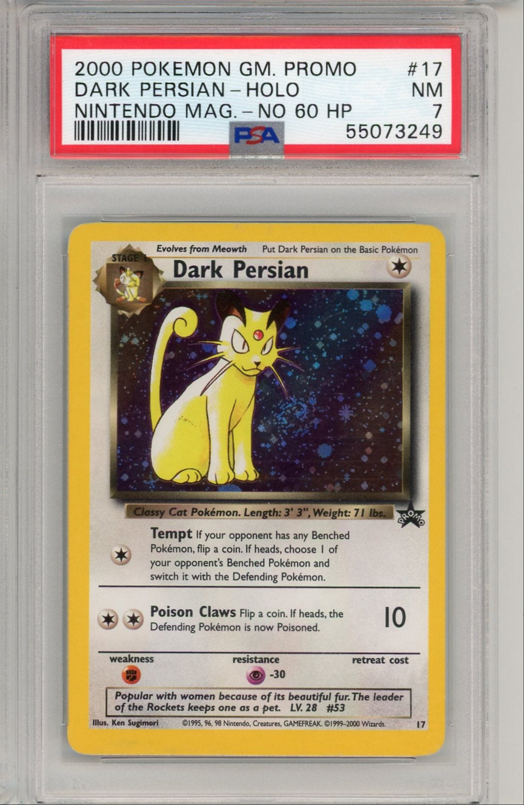 Dark Persian 2000 Pokemon Nintendo Magazine Promo #17 (no 60 HP) holo w/ swirl PSA 7