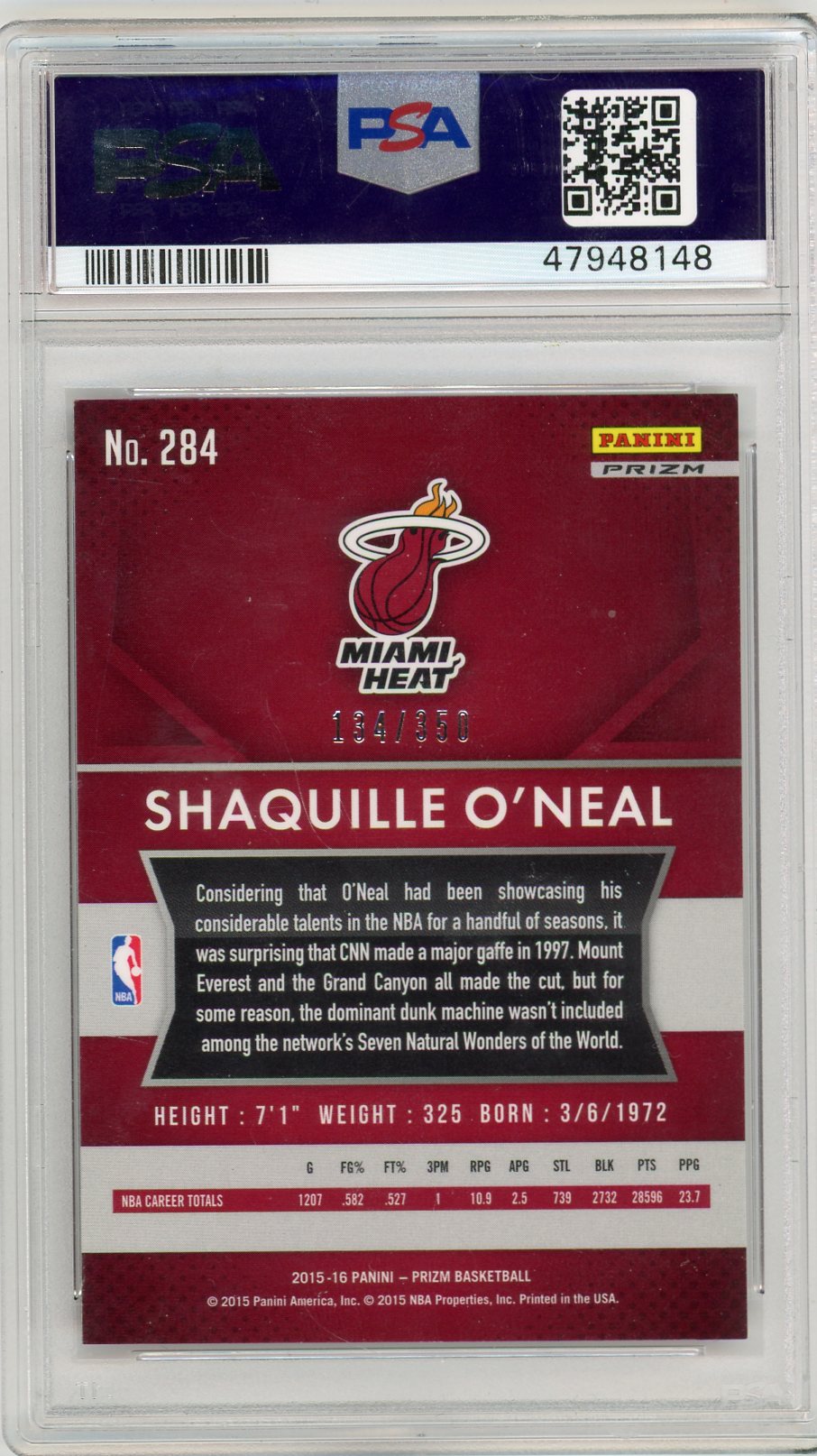 Shaquille O'Neal 2015 Panini Prizm Ruby Wave Prizm #'d 134/350 PSA 9