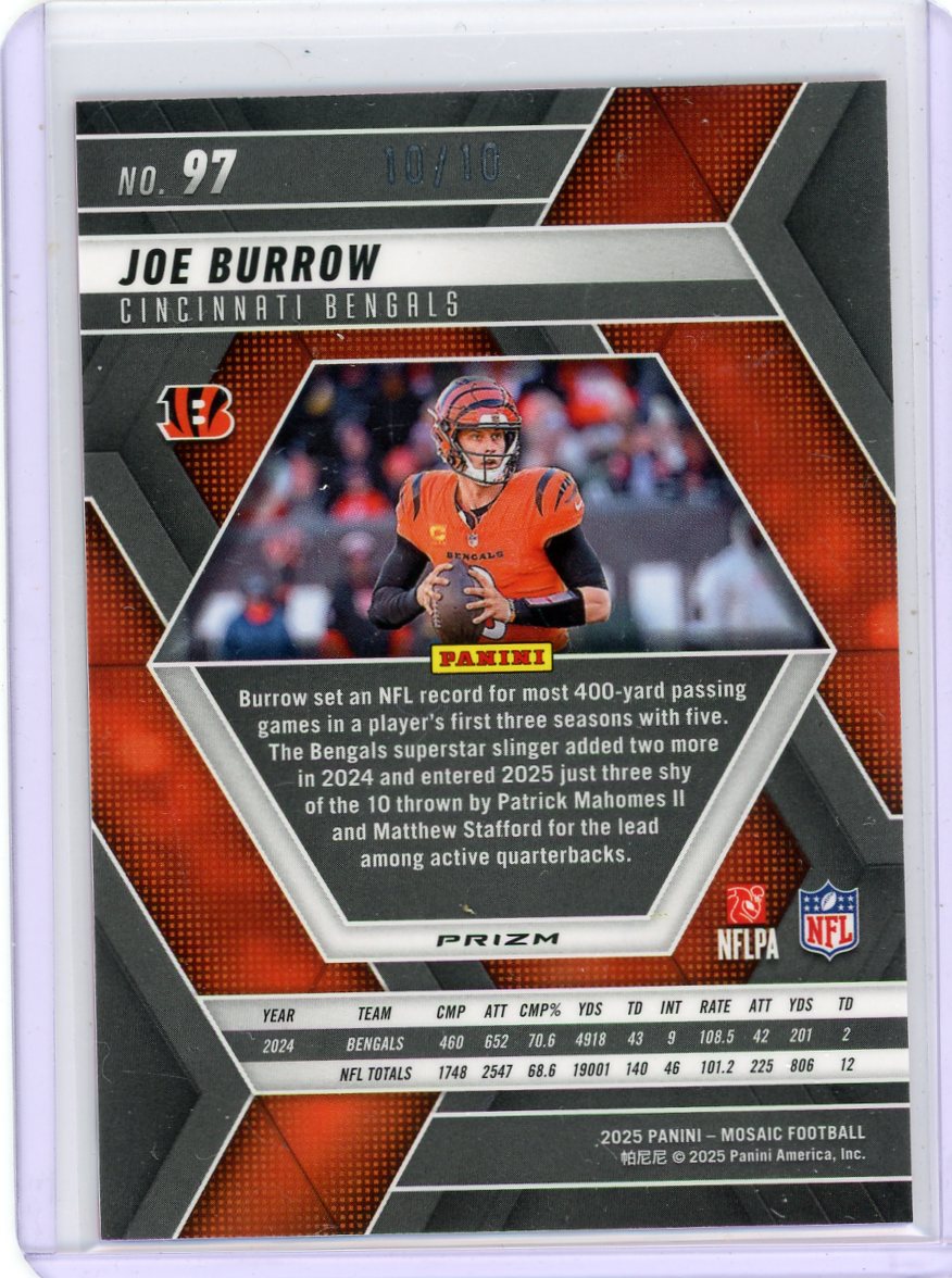 Joe Burrow 2025 Panini Mosaic Pink Fluorescent #'d 10/10
