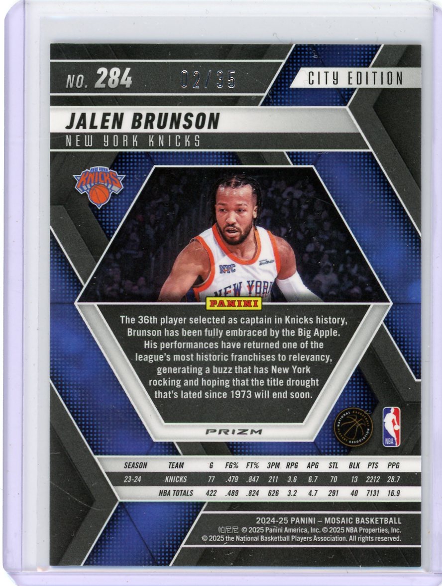 Jalen Brunson 2024-25 Panini Mosaic City Edition International Blue Mosaic #'d 02/35