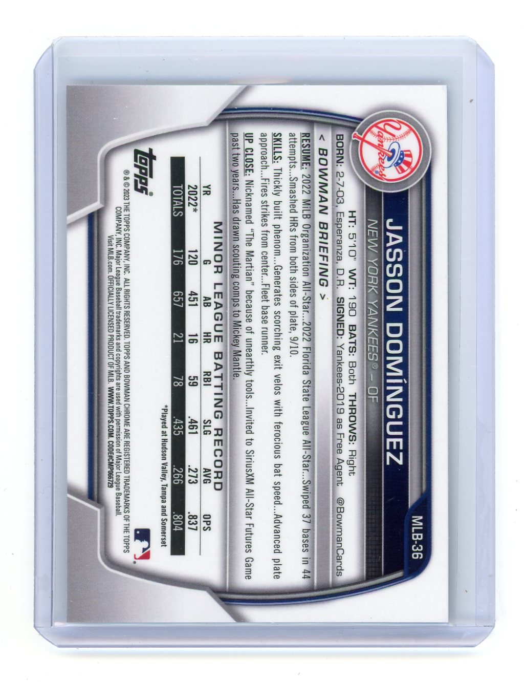 Jasson Dominguez 2023 Bowman Chrome NSCC base