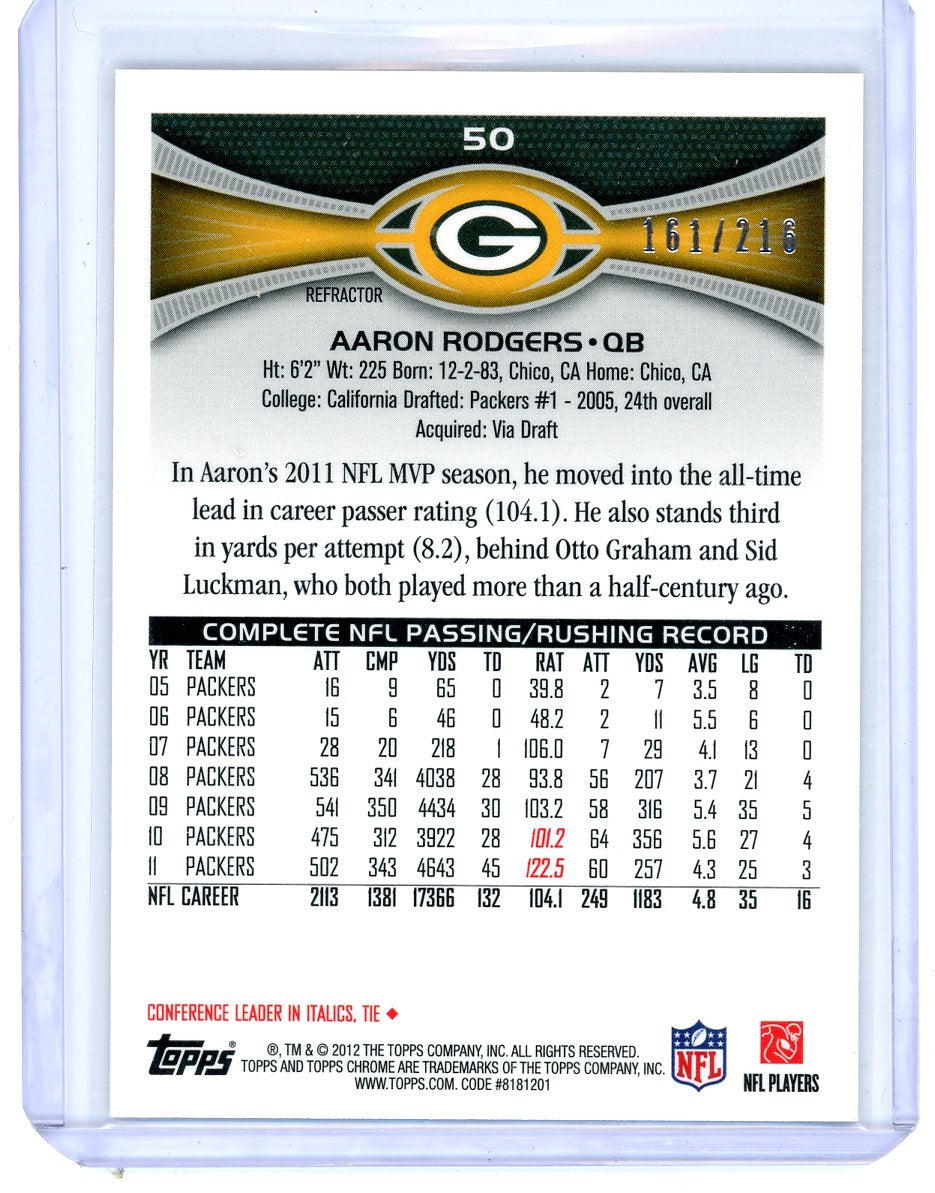 Aaron Rodgers 2012 Topps Chrome #50 prism refractor #'d 161/216