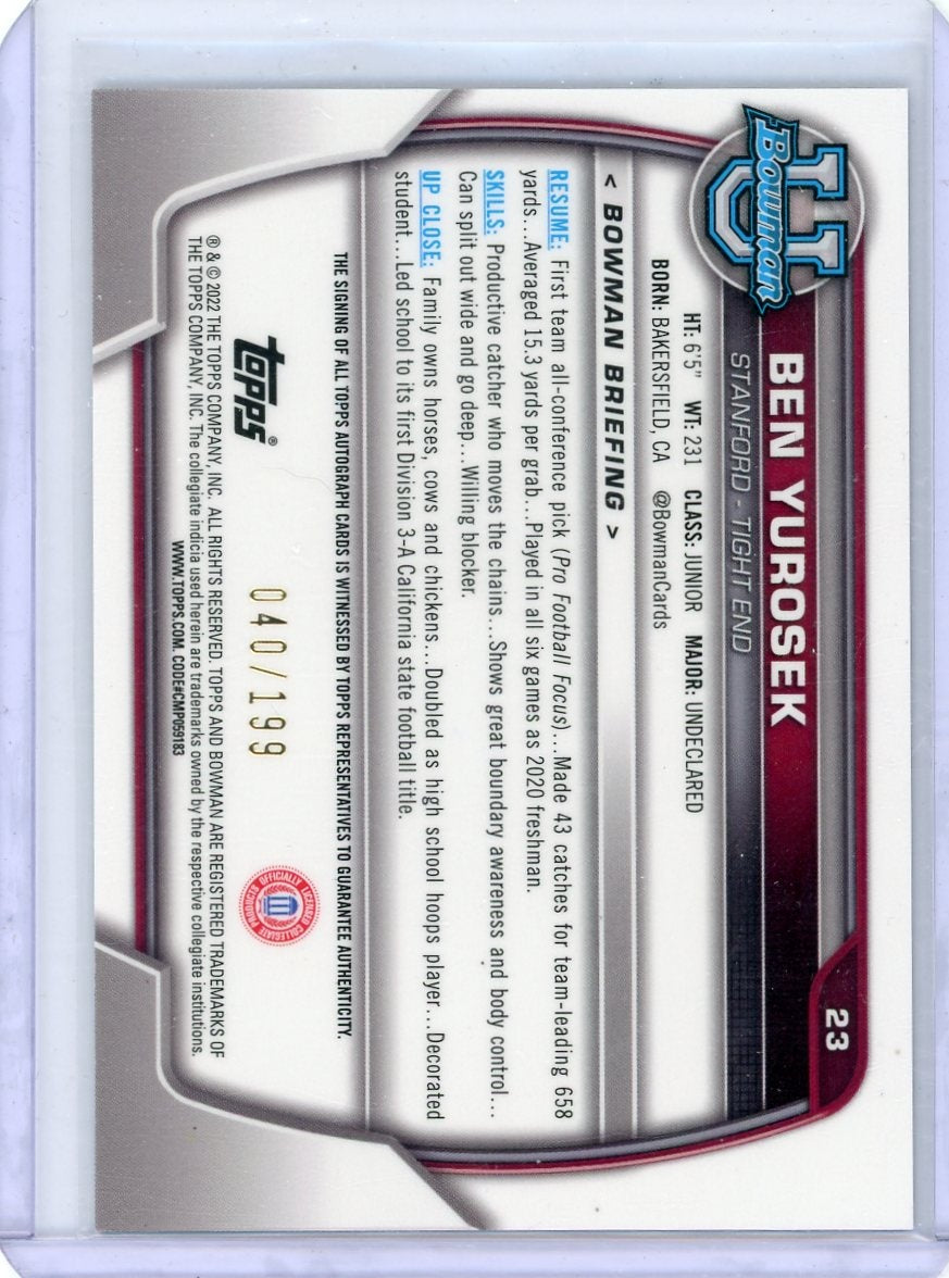 Ben Yurosek 2022 1st Bowman Chrome University autograph lava ref. #'d 040/199