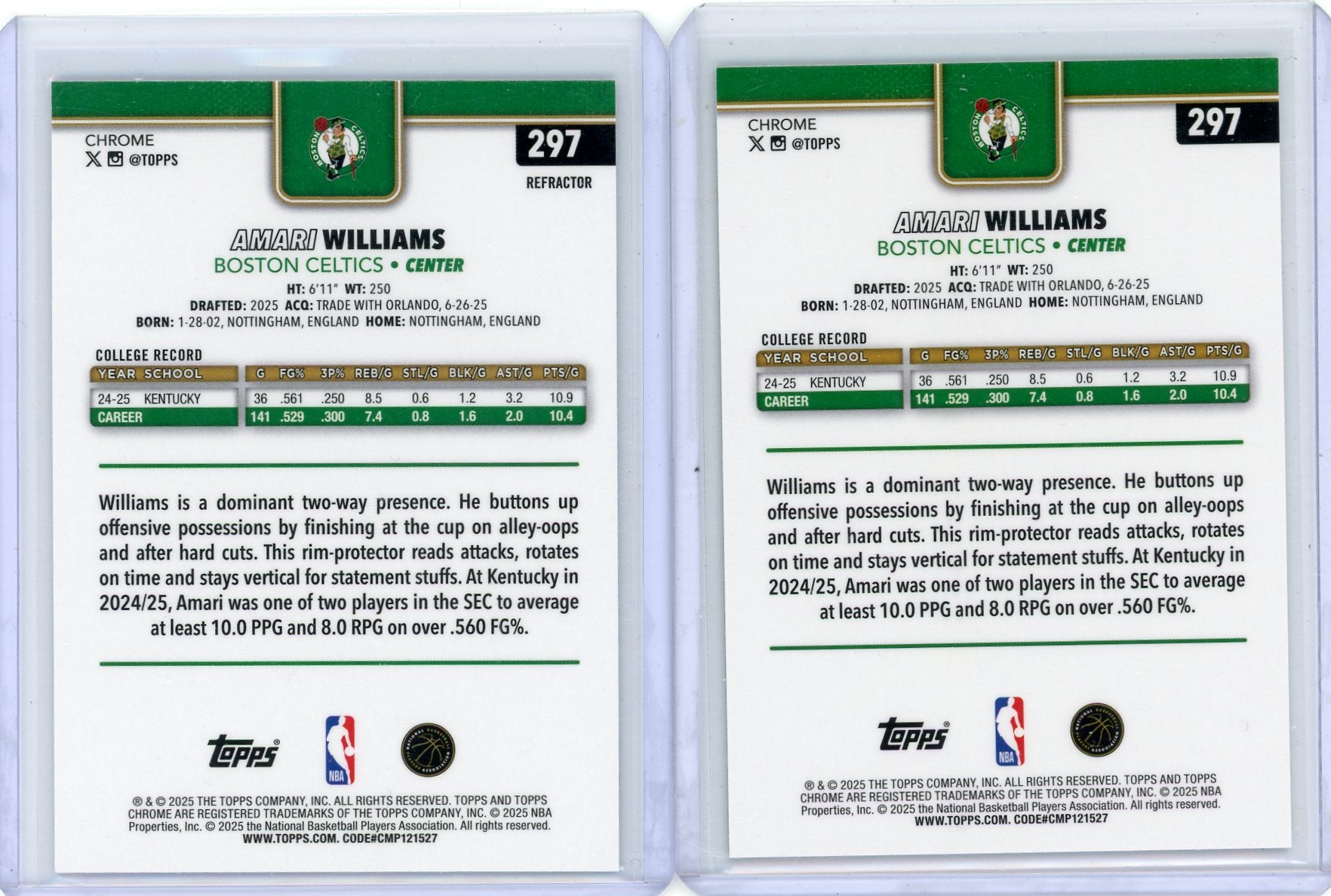 Amari Williams 2025-26 Topps Chrome 2-card Refractor + Aqua /199 RC lot
