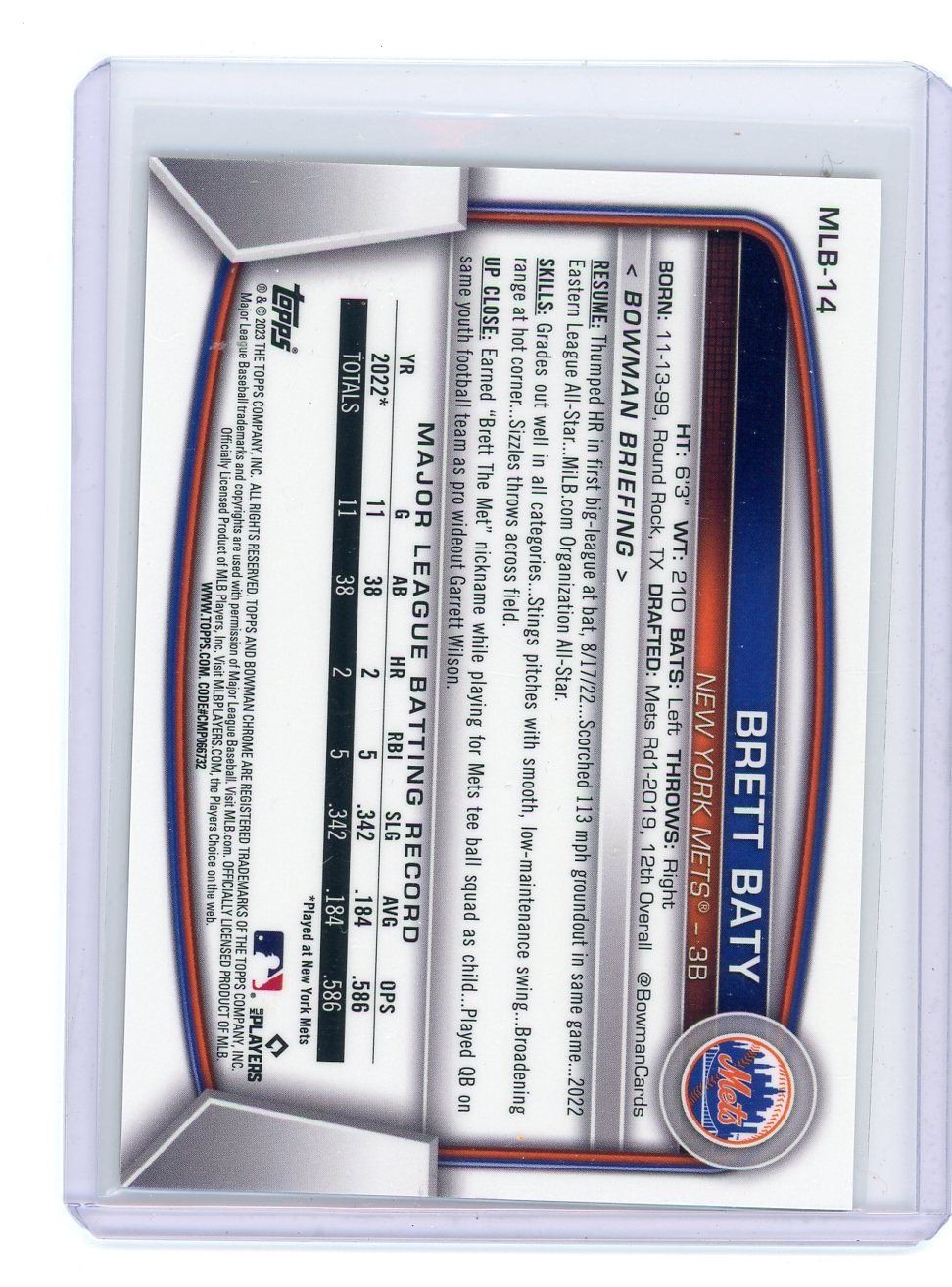 Brett Baty 2023 Bowman Chrome NSCC gold refractor rookie card #'d 43/50