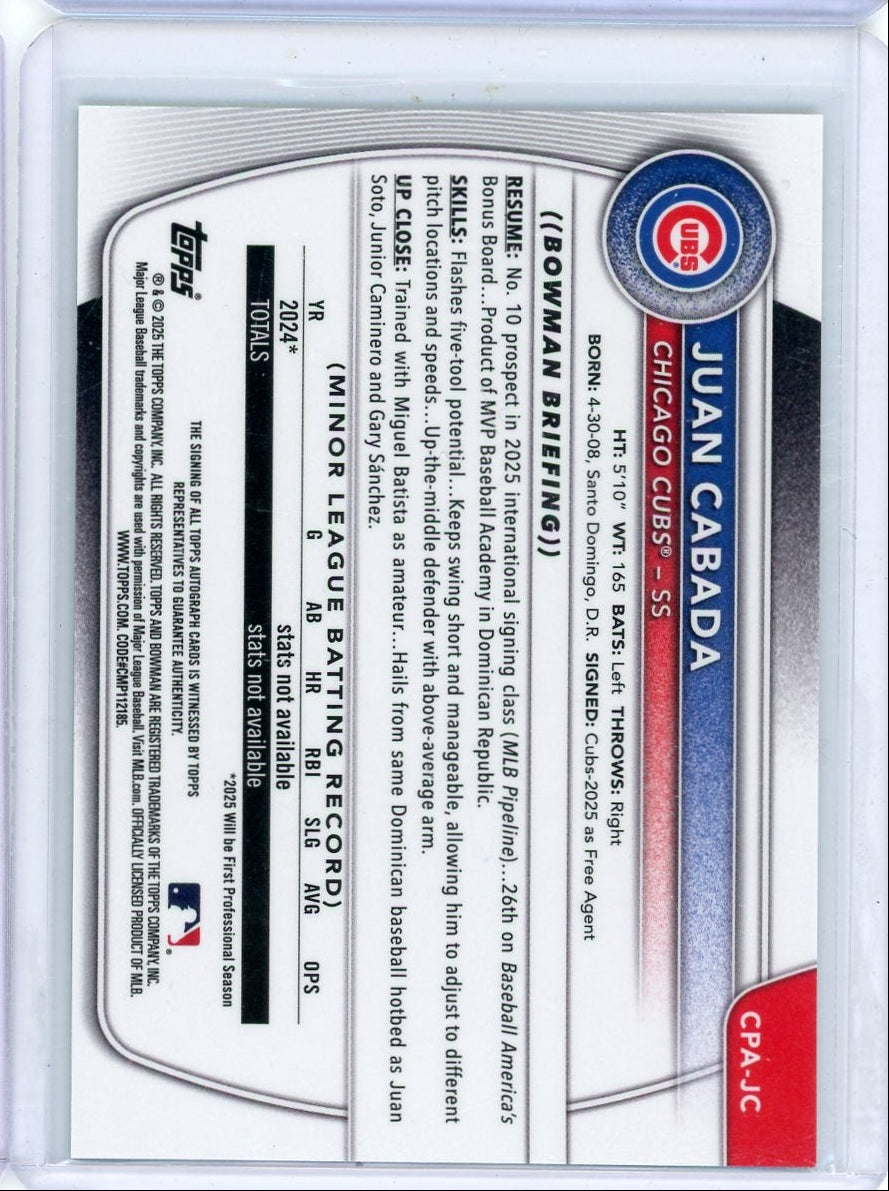 Juan Cabada 2025 1st Bowman Chrome autograph Green Lava ref. #'d 95/99