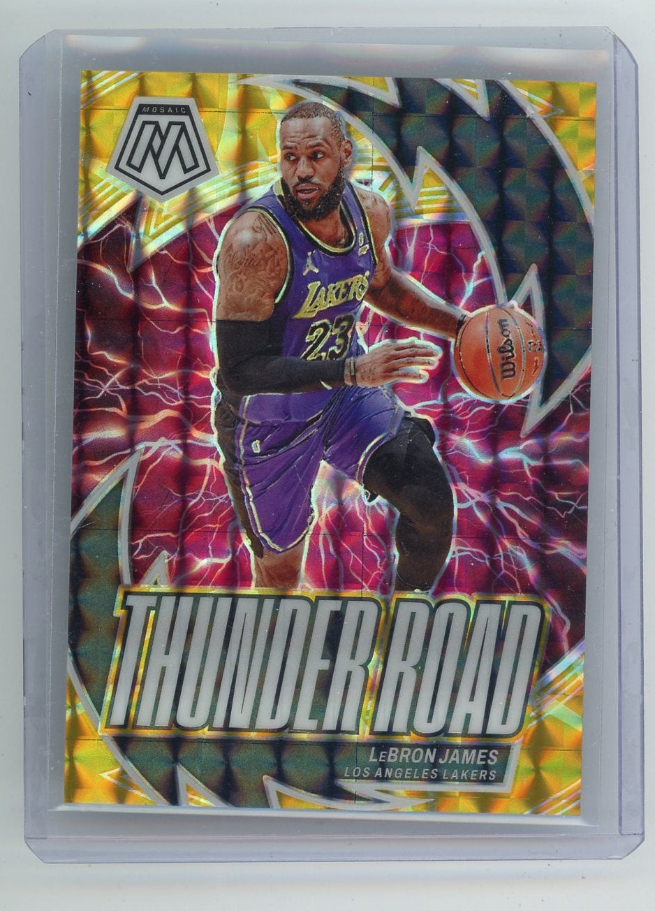 LeBron James 2023-24 Panini Mosaic Thunder Road Reactive Yellow Mosaic #'d 55/99