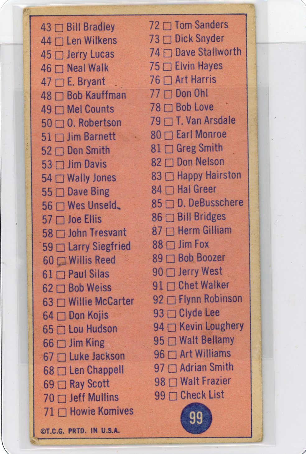 Topps Basketball Checklist 1969-70 Topps #99