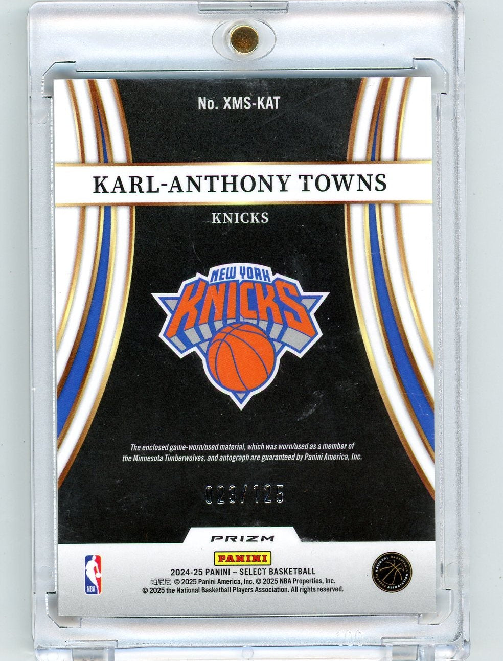 Karl-Anthony Towns 2024-25 Panini Select X-Fractor Memorabilia Signatures Auto #'d 023/125