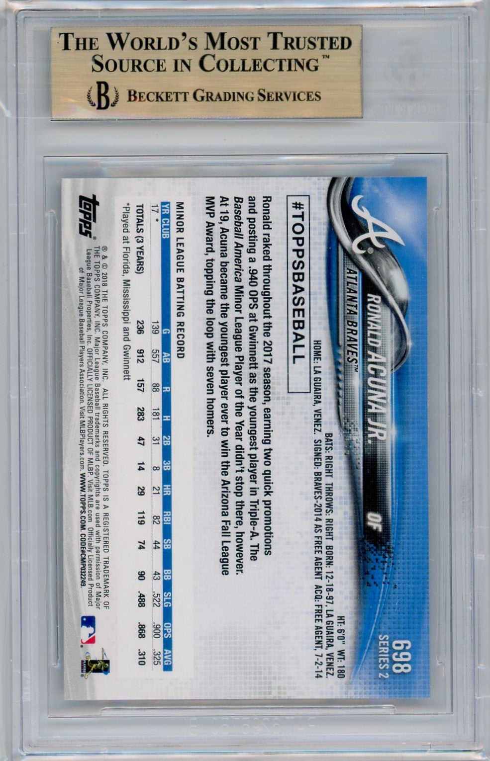 Ronald Acuna Jr 2018 Topps Base Set Photo Variations #698 Rookie BGS 9.5