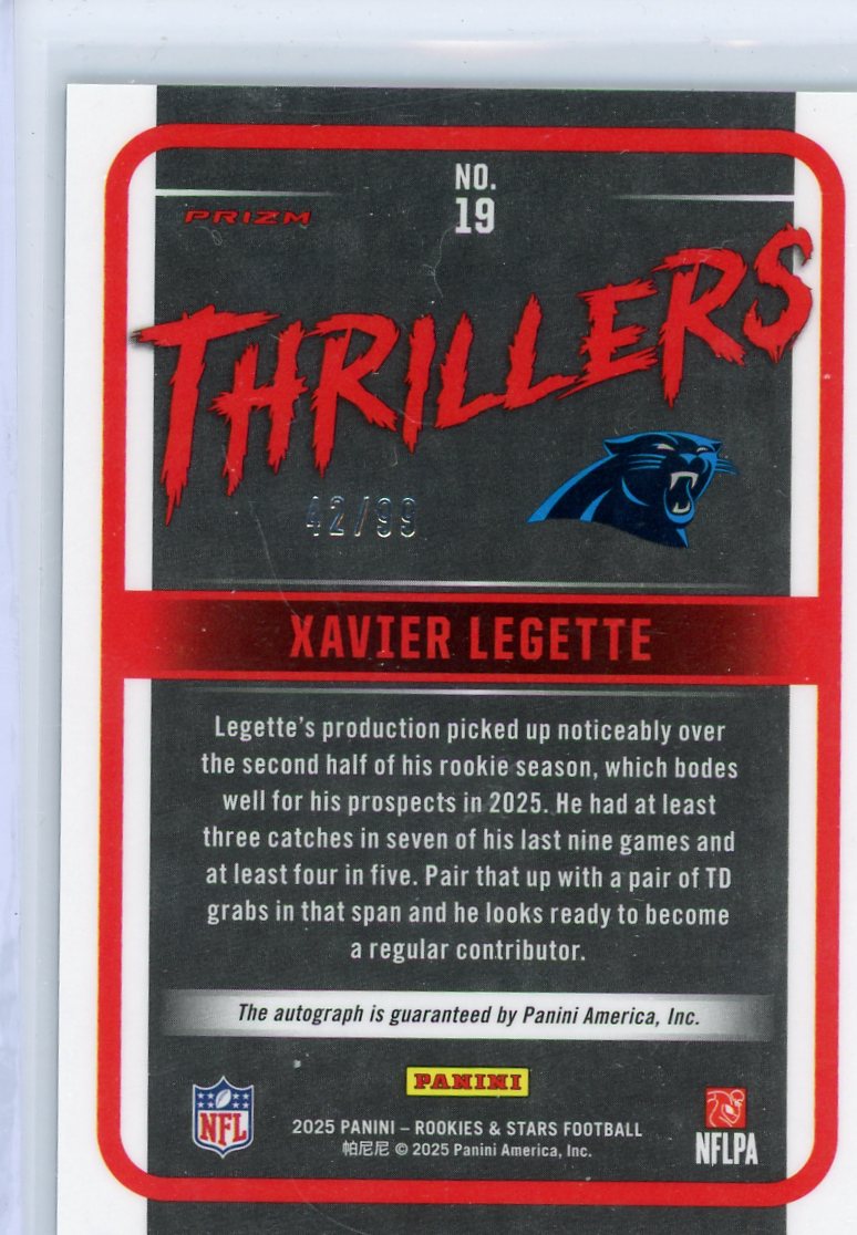 Xavier Legette 2025 Panini Rookies & Stars Thrillers Auto #'d 42/99