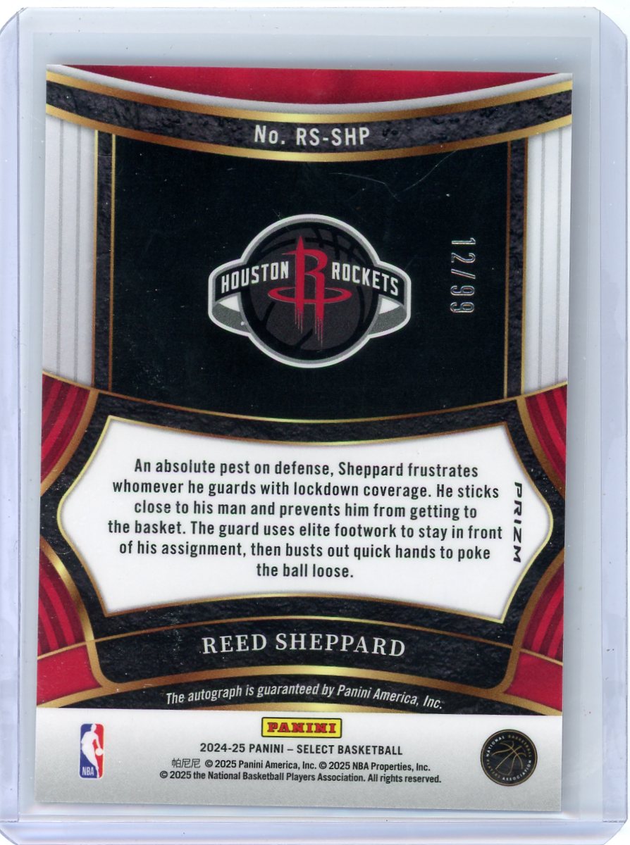Reed Sheppard 2024-25 Panini Select Signatures Auto Red RC #'d 12/99