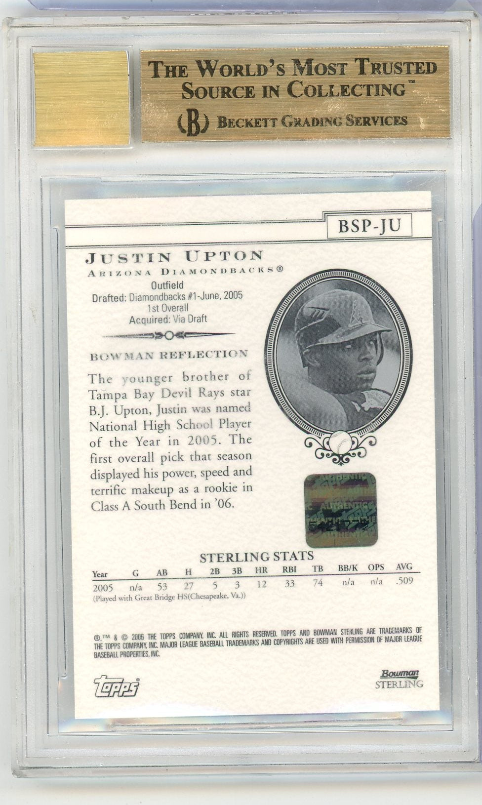 Justin Upton 2006 Bowman Sterling Prospect autograph BGS 9.5 AUTO 10