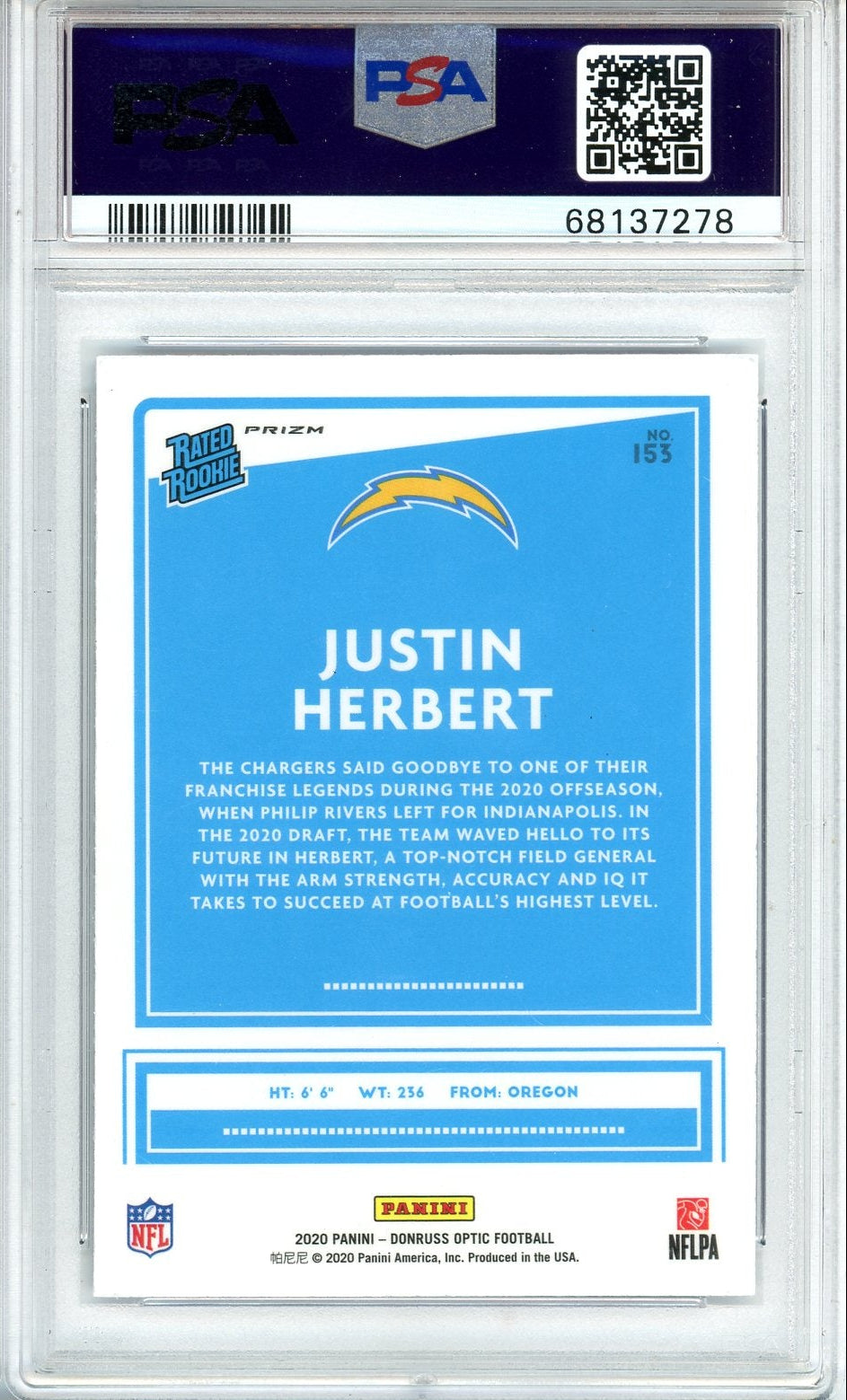 Justin Herbert 2020 Panini Donruss Optic blue scope prizm rookie card PSA 10