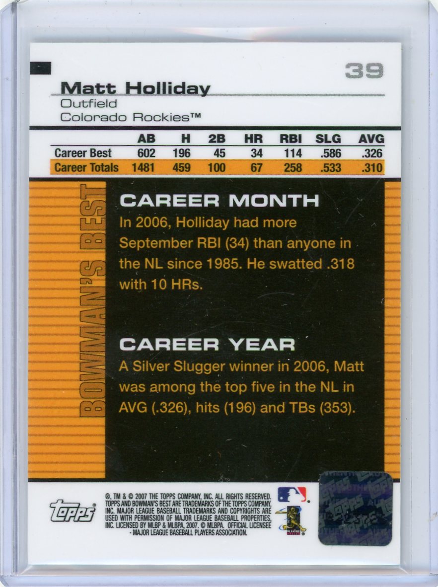 Matt Holliday 2007 Bowman's Best Autograph #39