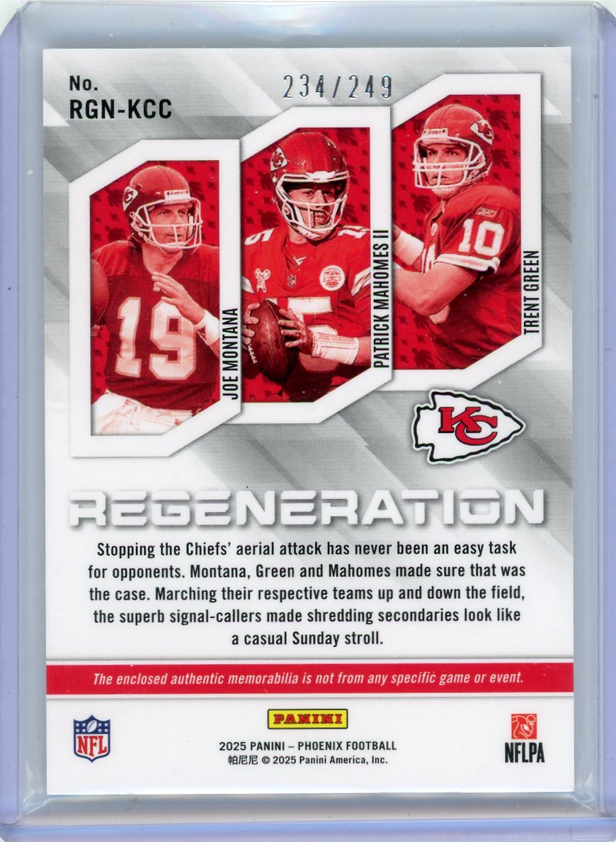 Joe Montana/Patrick Mahomes/Trent Green 2025 Panini Phoenix Regeneration Triple Jersey Relic #'d 234/249