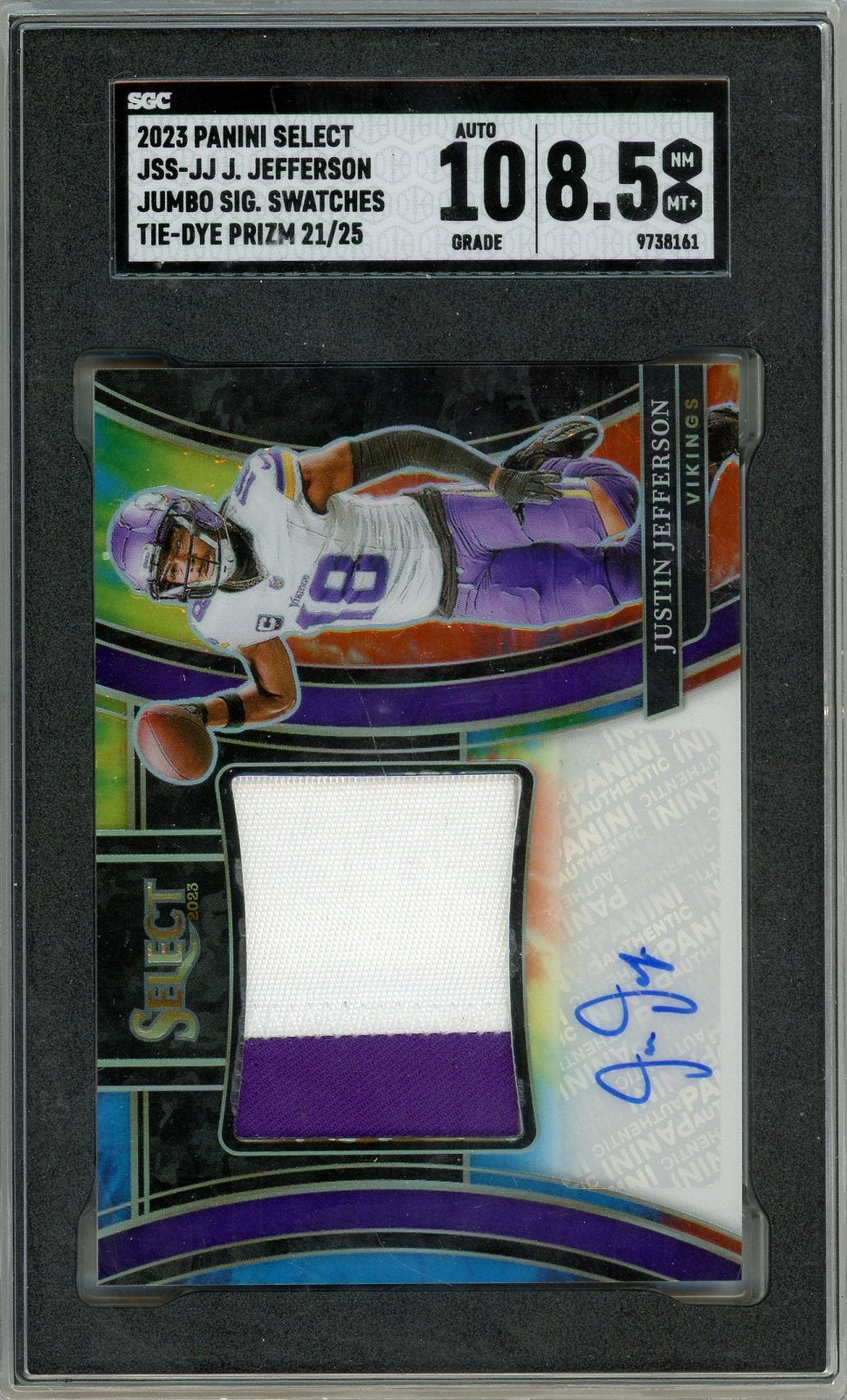 Justin Jefferson 2023 Select Jumbo Signature Swatches Tie-Dye Prizm #'d 21/25 SGC 8.5/10