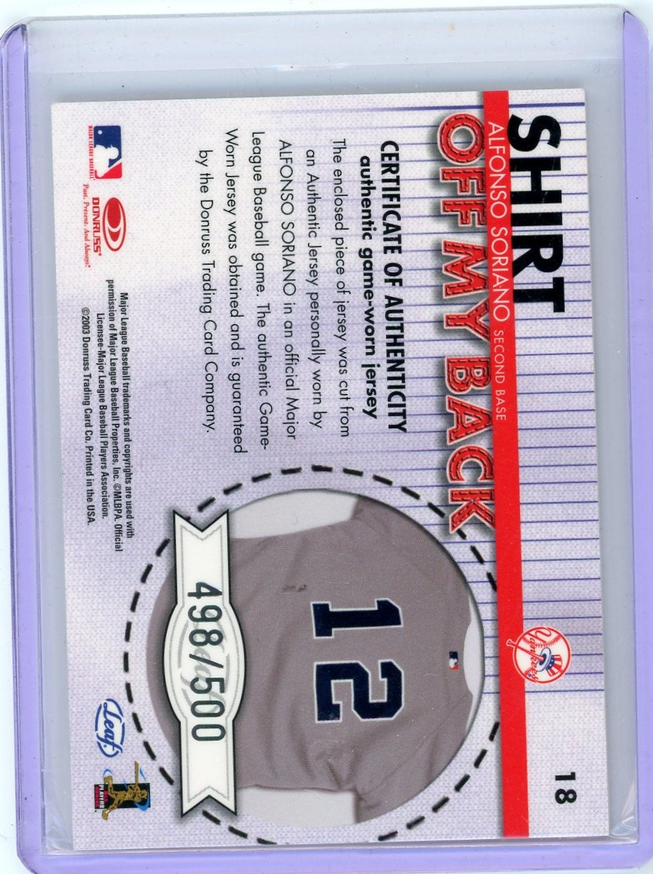 Alfonso Soriano 2003 Donruss Leaf Shirt Off My Back jersey relic #'d 498/500