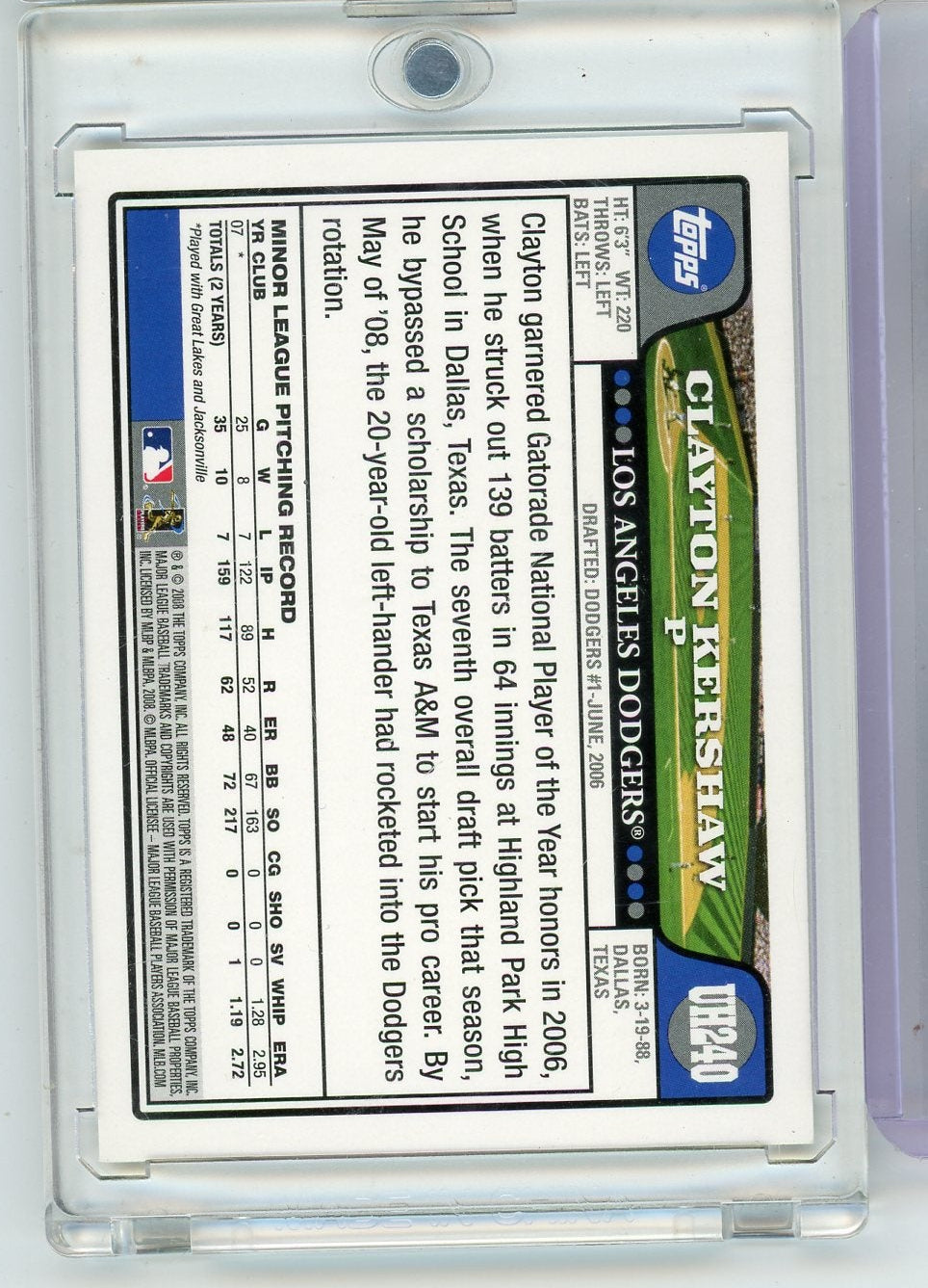 Clayton Kershaw 2008 Topps Updates & Highlights Rookie Auto