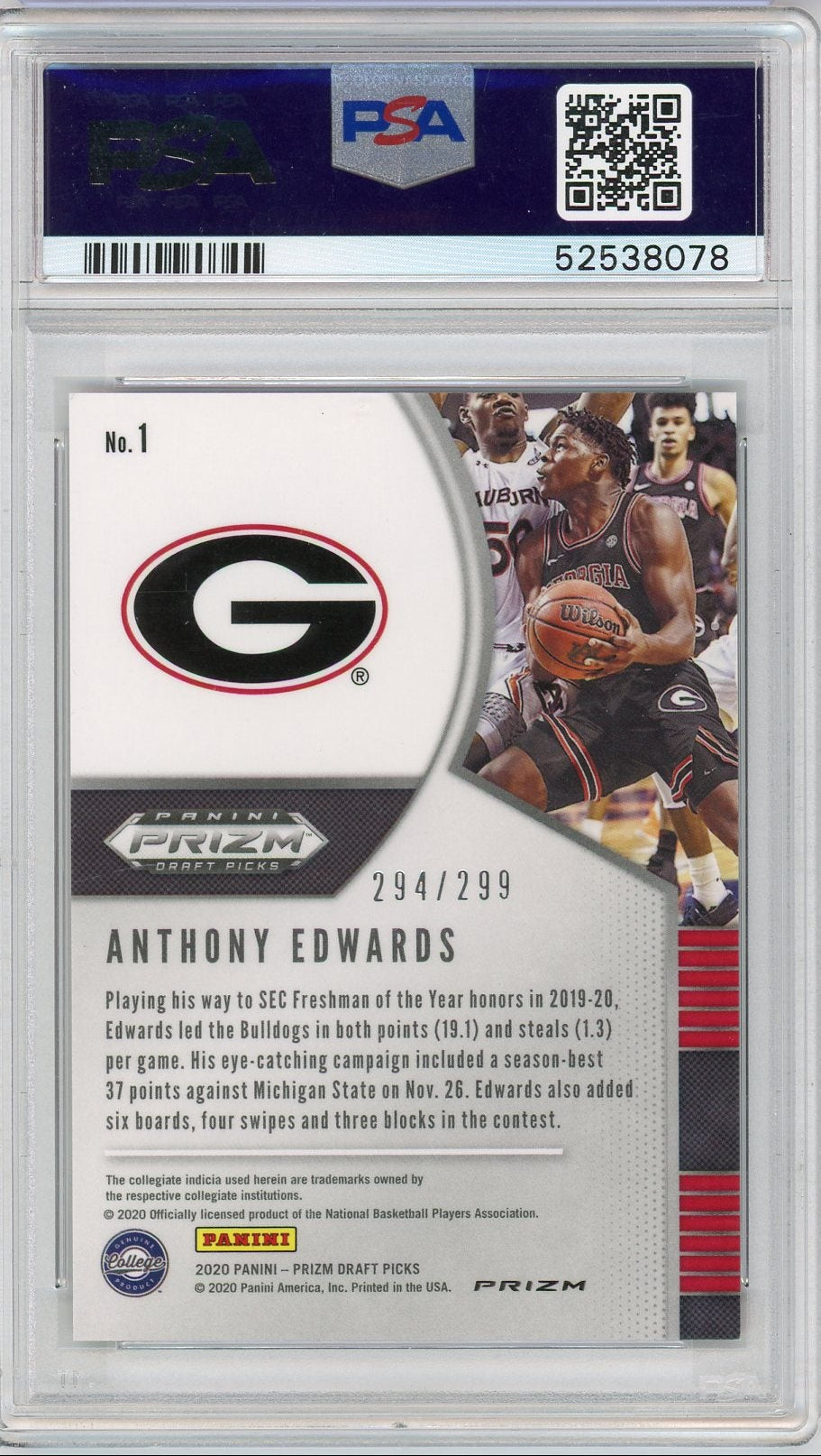 Anthony Edwards 2020 Panini Prizm Draft Picks red prizm rookie card #'d 294/299 PSA 10