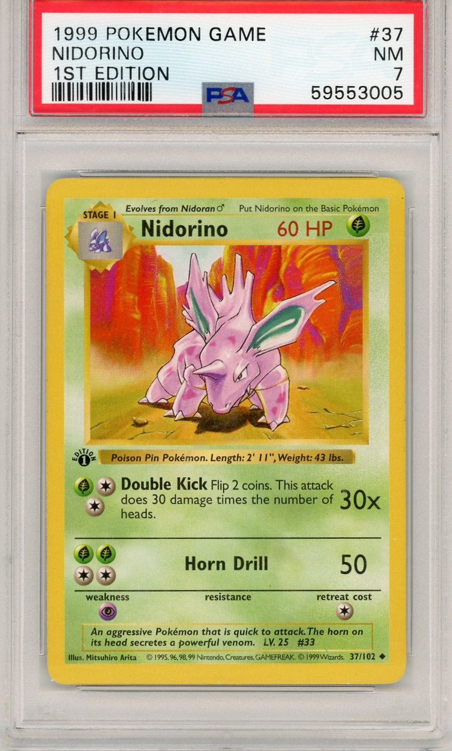 Nidorino Pokémon Game 1999 1st Edition #37/102 PSA 7