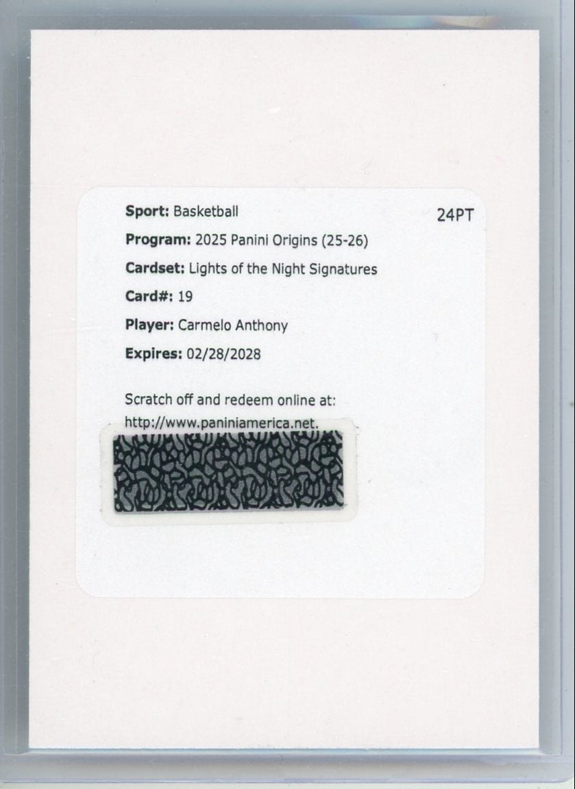 Carmelo Anthony 2025 Panini Origins Lights of the Night Signatures (redemption)