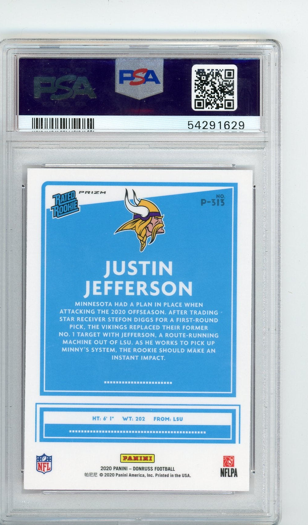 Justin Jefferson 2020 Donruss Optic Preview Pink Prizm Rated Rookie PSA 9