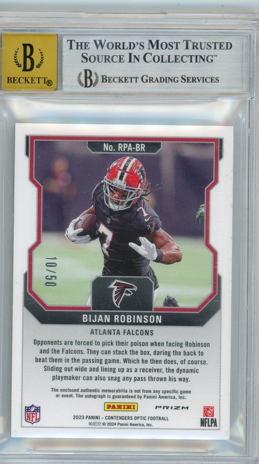 Bijan Robinson 2023 Contenders Optic RPA Blue #'d 10/50 BGS 8.5/10 RC