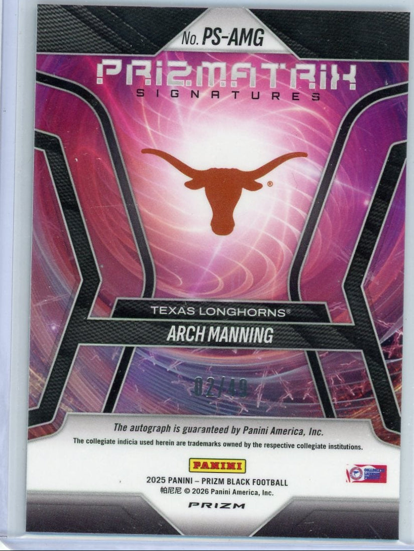Arch Manning 2025 Panini Prizm Black Prizmatrix Autograph #'d 02/49