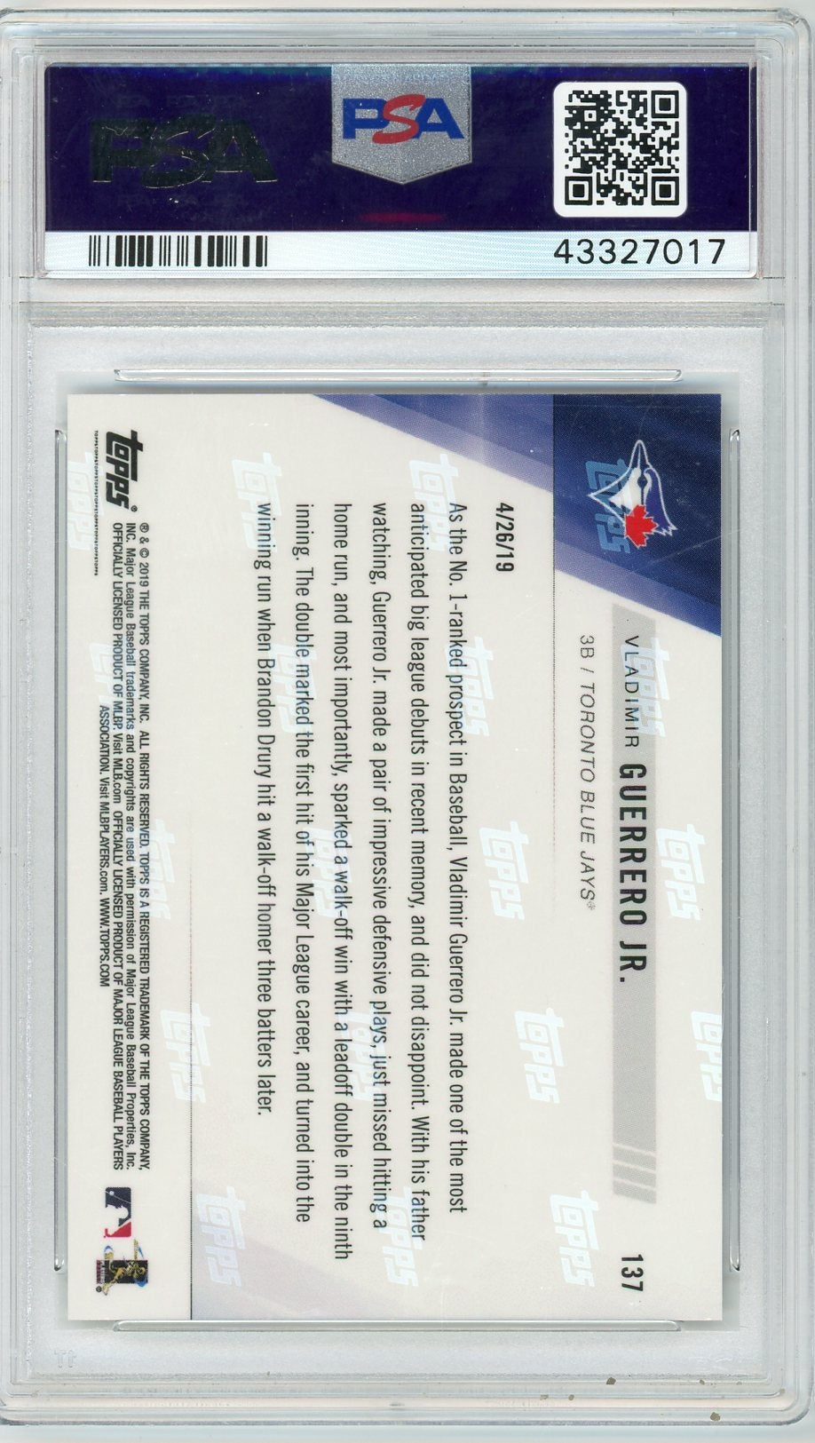 Vladimir Guerrero Jr. 2019 Topps NOW #137 PSA 10