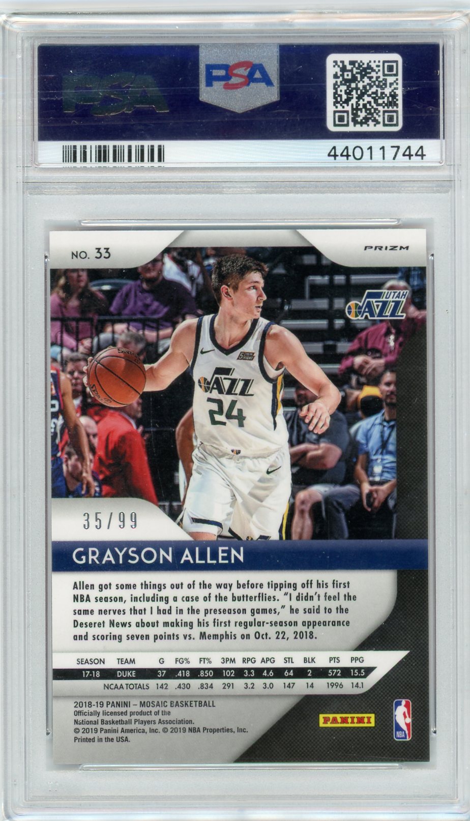 Grayson Allen 2018 Panini Prizm Mosaic Orange Prizm #'d 35/99 PSA 10 rookie card