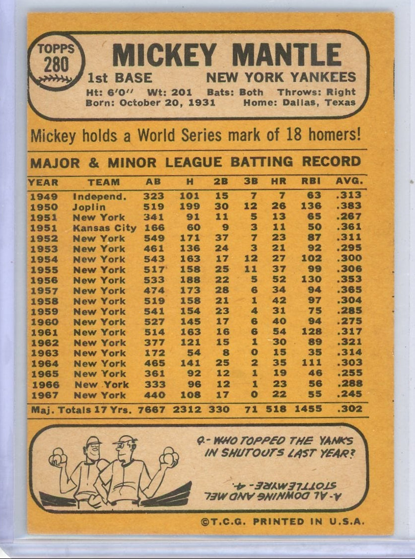 Mickey Mantle 1968 Topps #280 (OC/MC)