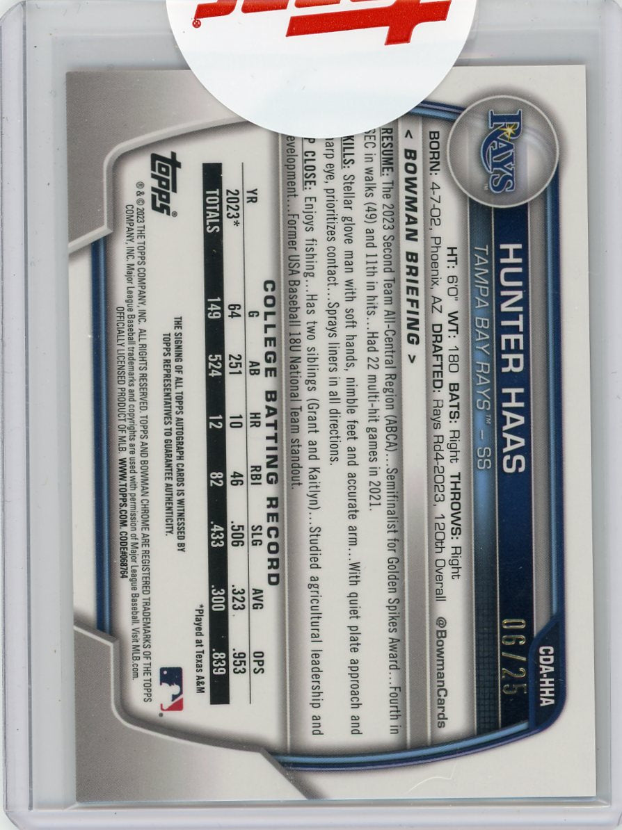 Hunter Haas 2023 1st Bowman Chrome Draft autograph orange refractor #'d 06/25