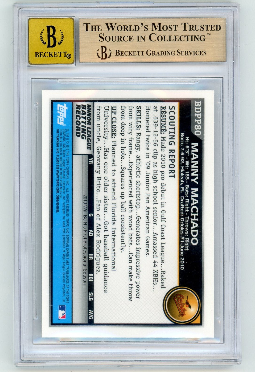 Manny Machado 2010 Bowman Chrome Draft 1st Bowman Prospects Autographs BGS 9.5 Auto 10