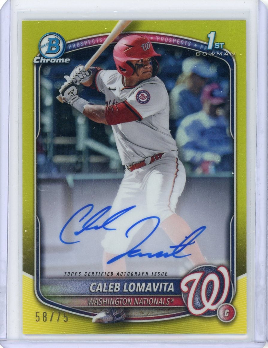 Caleb Lomavita 2025 Bowman Chrome Prospects 1st Bowman Auto Yellow Refractor #'d 58/75