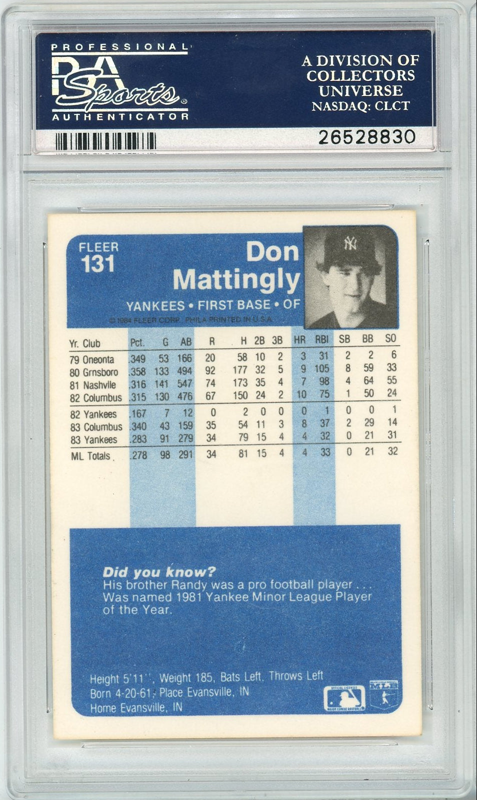 Don Mattingly 1984 Fleer #131 PSA 8