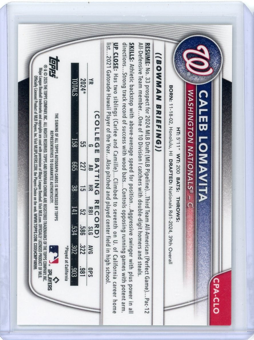 Caleb Lomavita 2025 Bowman Chrome Prospects 1st Bowman Auto Yellow Refractor #'d 58/75