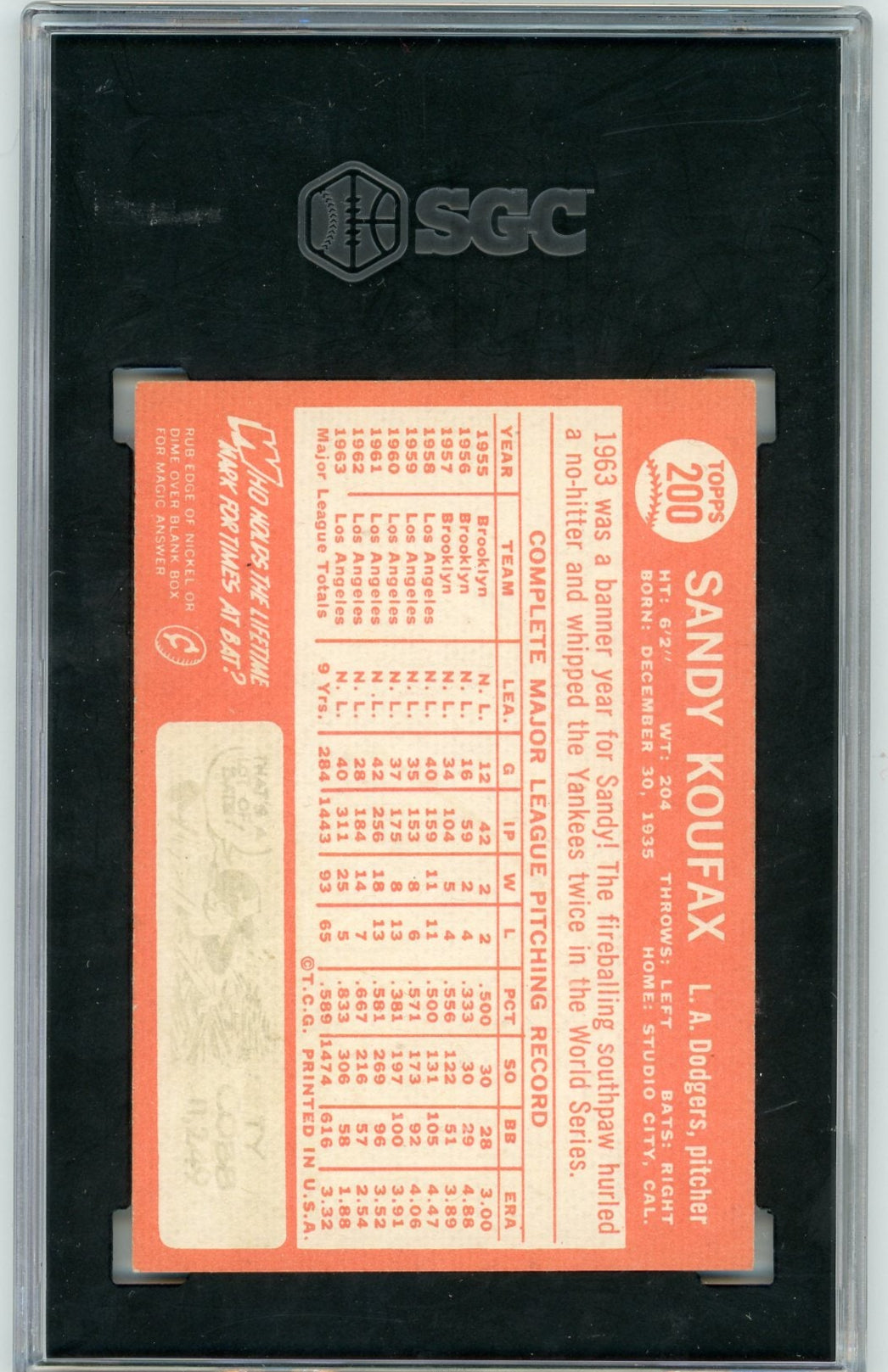 Sandy Koufax 1964 Topps #200 SGC Authentic (Evidence of Trimming)